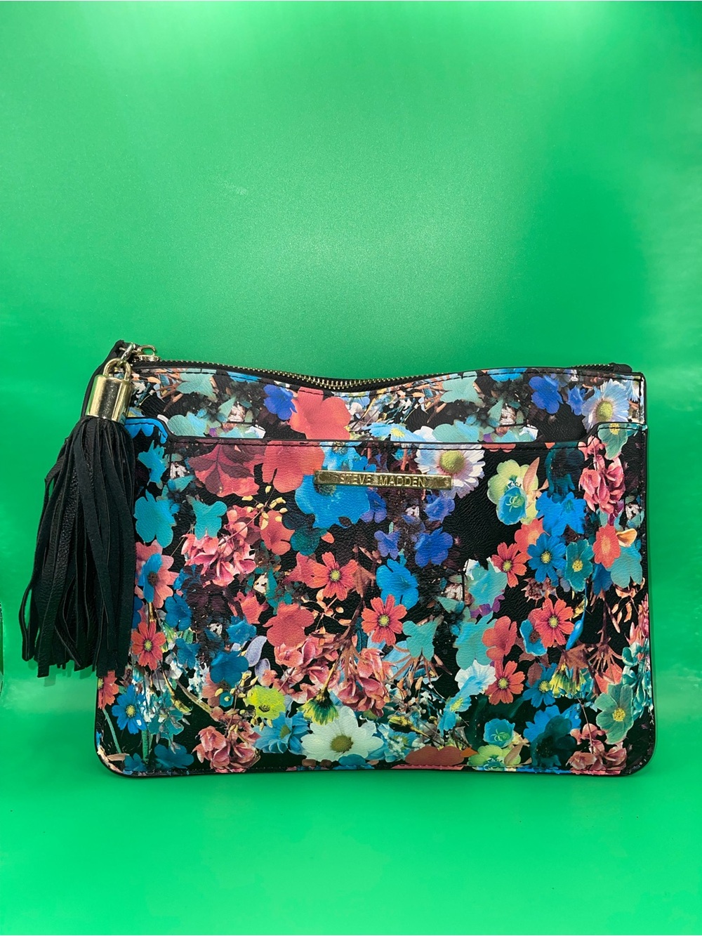 Steve Madden Floral Zip Wristlet in Black with Multicolor Blooms
